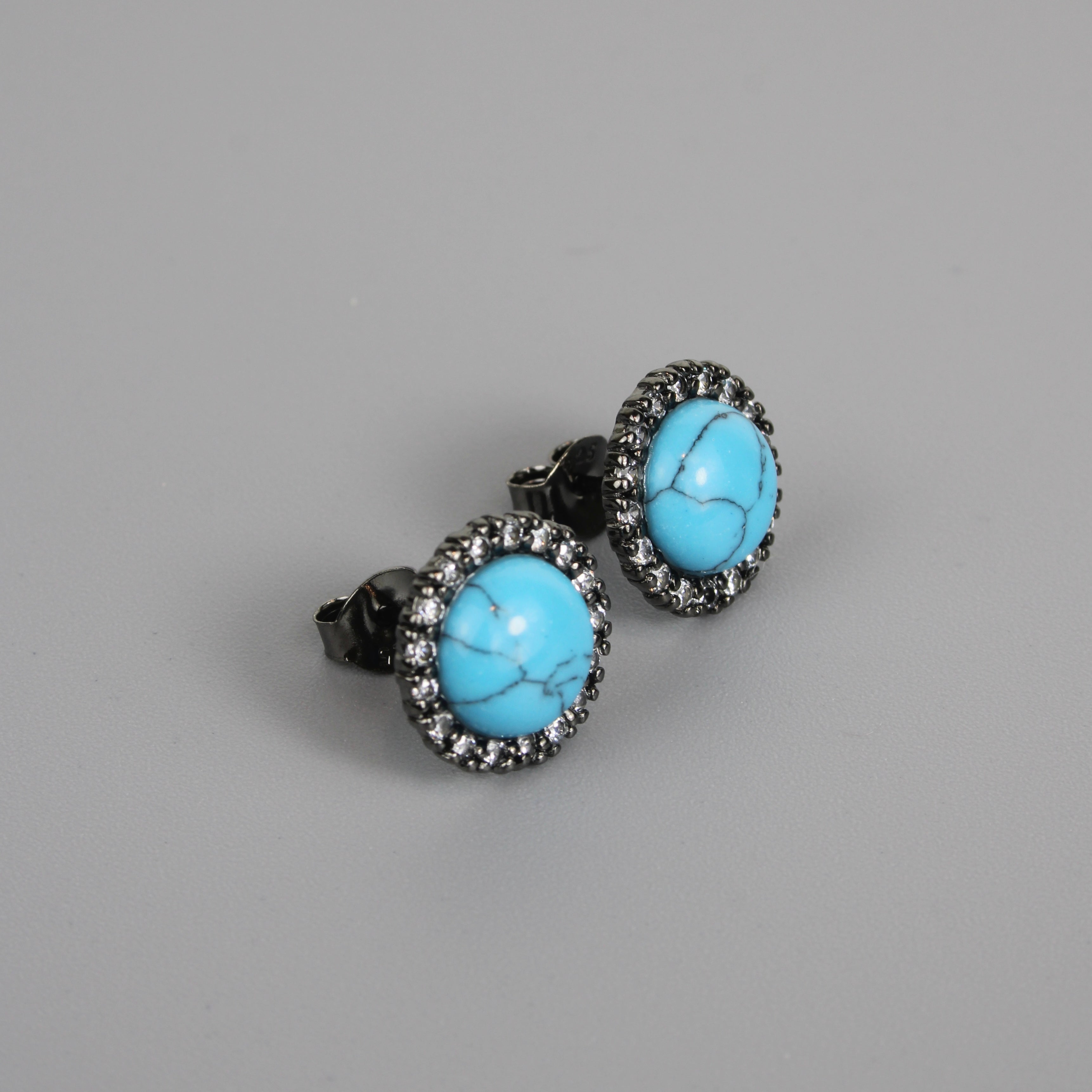 Silver Black Rhodium Turquoise Center Stone Earrings