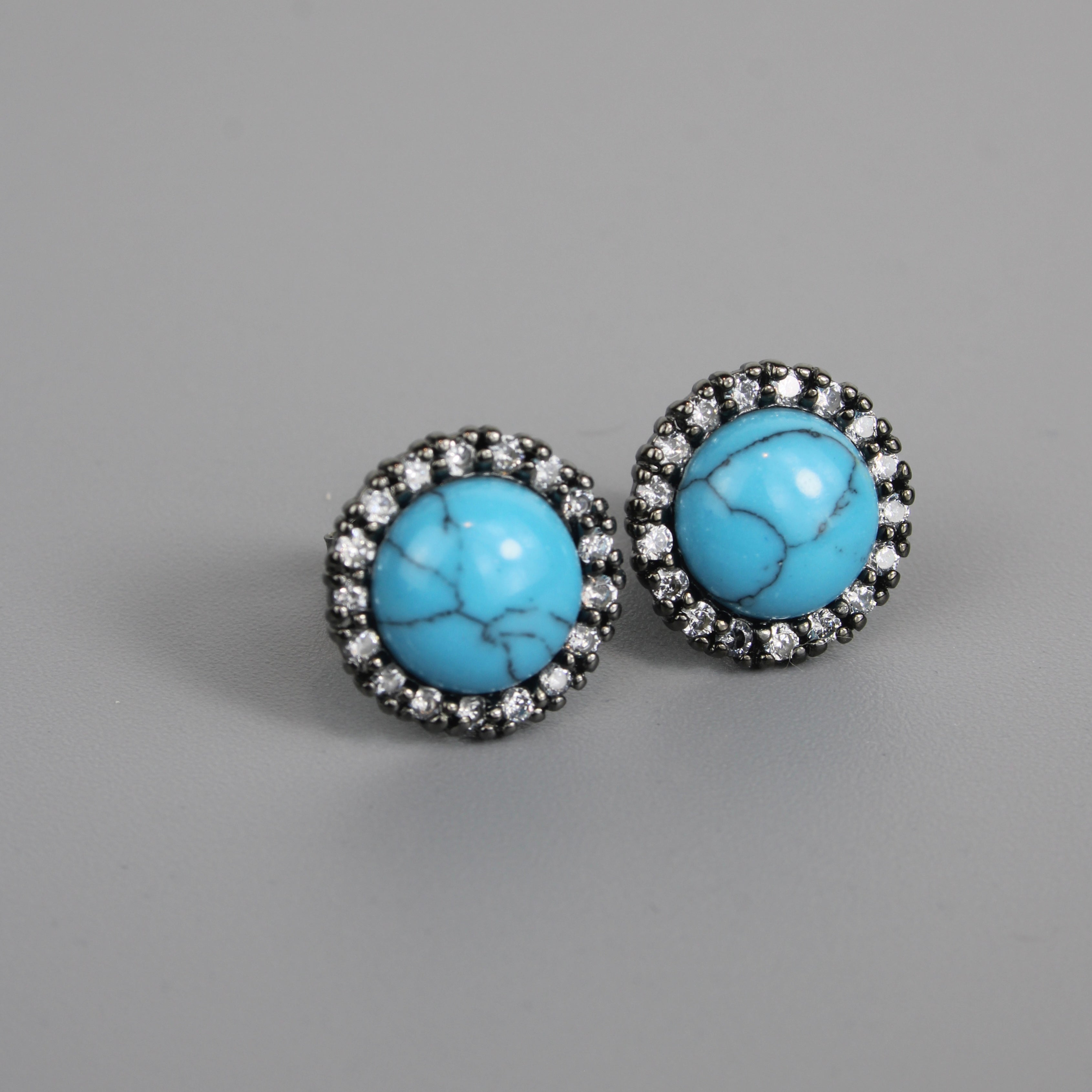 Silver Black Rhodium Turquoise Center Stone Earrings