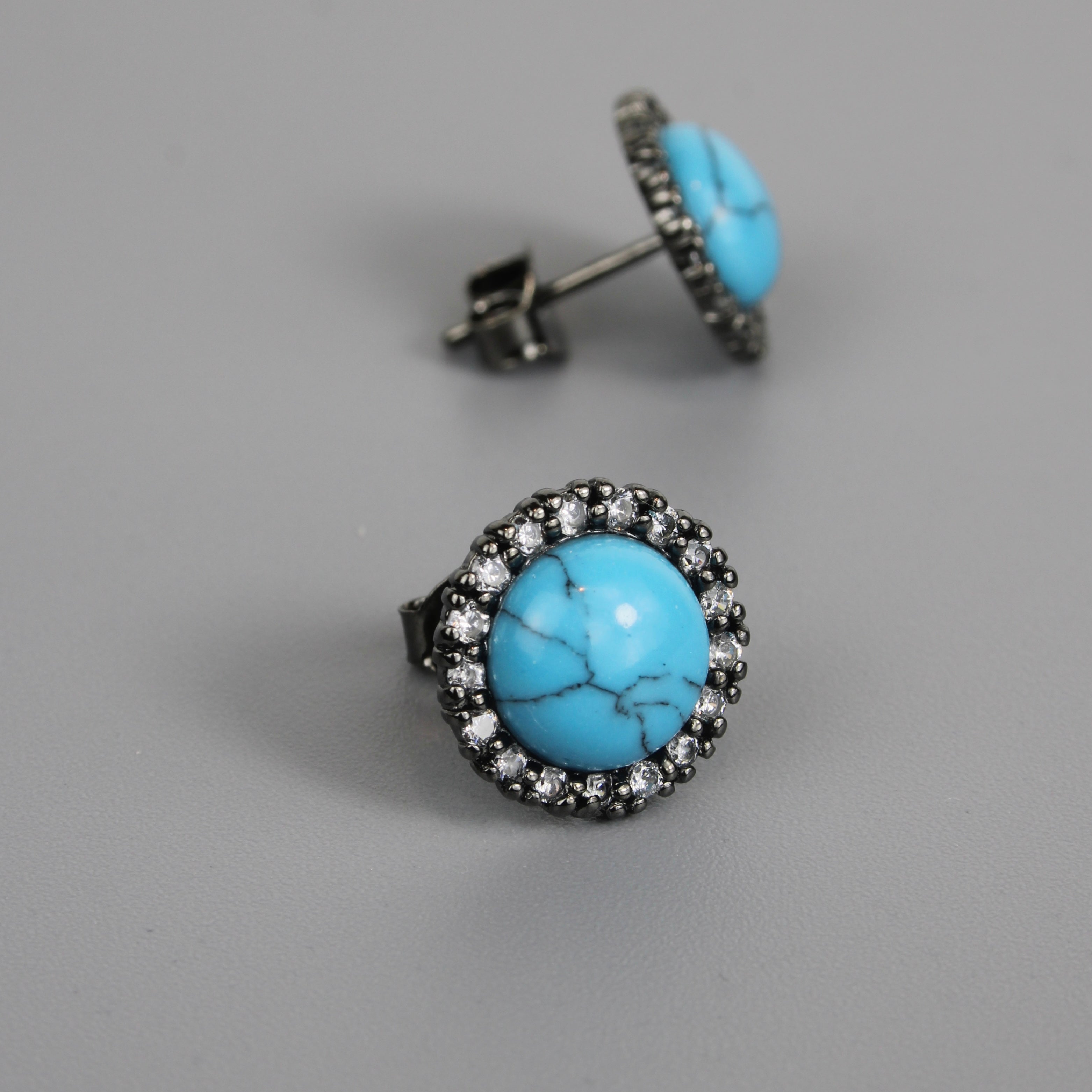 Silver Black Rhodium Turquoise Center Stone Earrings