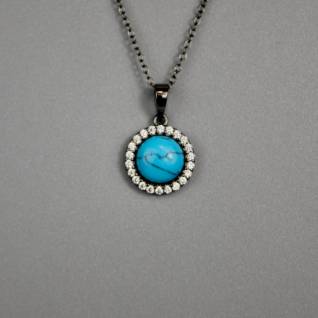 Silver Black Rhodium Turquoise Center Stone Necklace