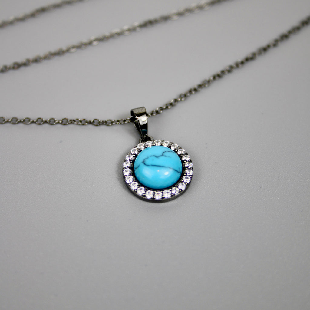 Silver Black Rhodium Turquoise Center Stone Necklace
