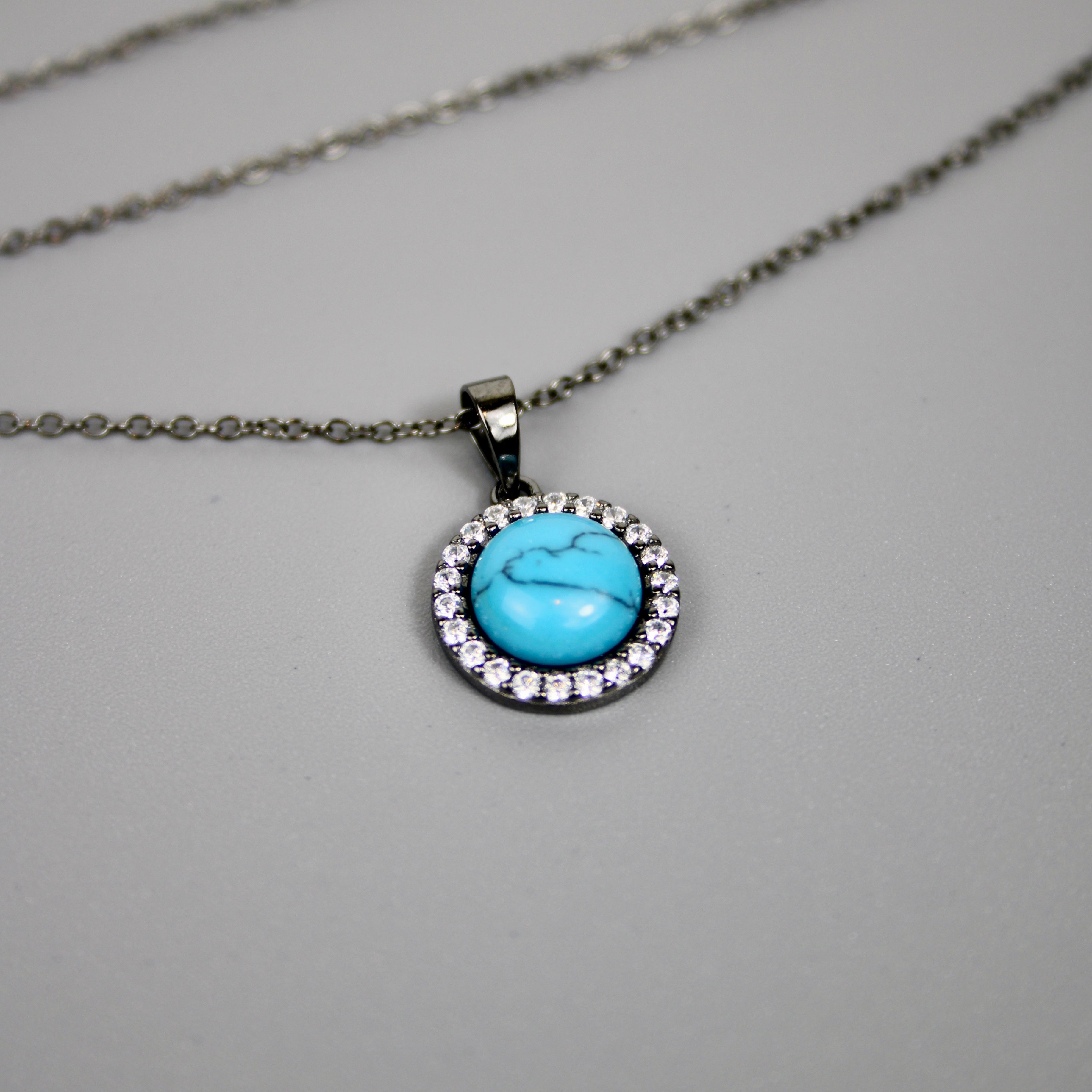Silver Black Rhodium Turquoise Center Stone Necklace