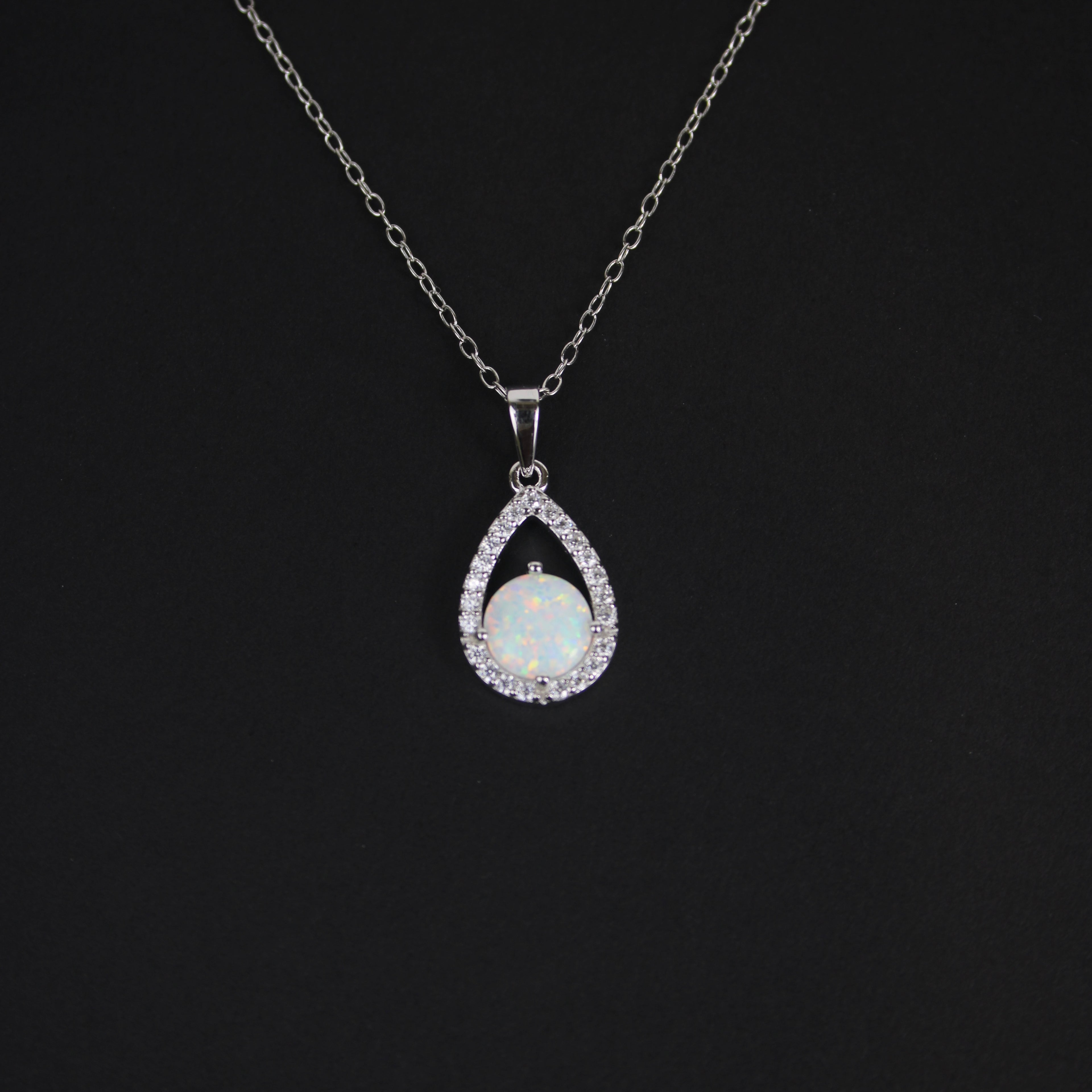 Silver Synthetic Opal Open Teardrop Necklace