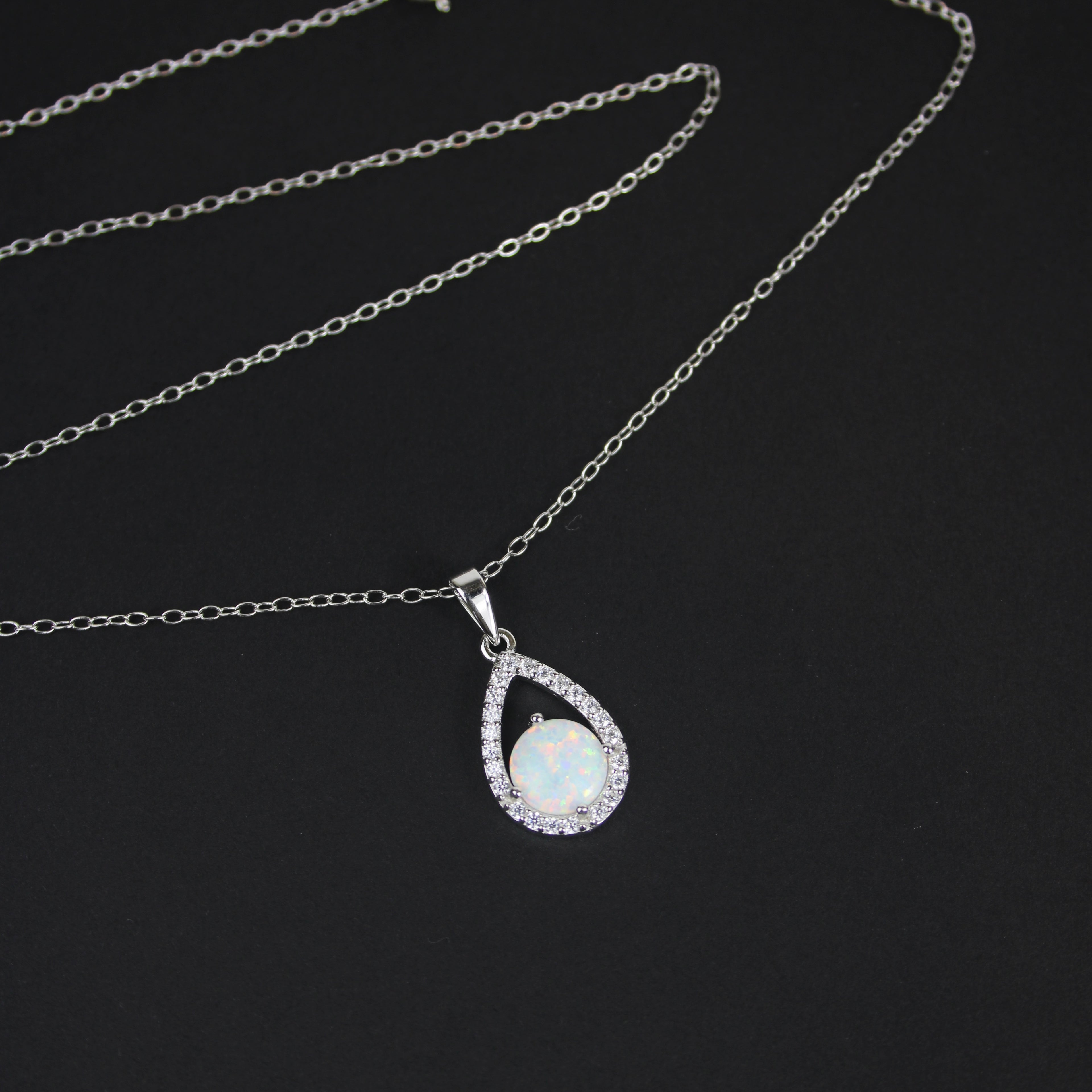 Silver Synthetic Opal Open Teardrop Necklace