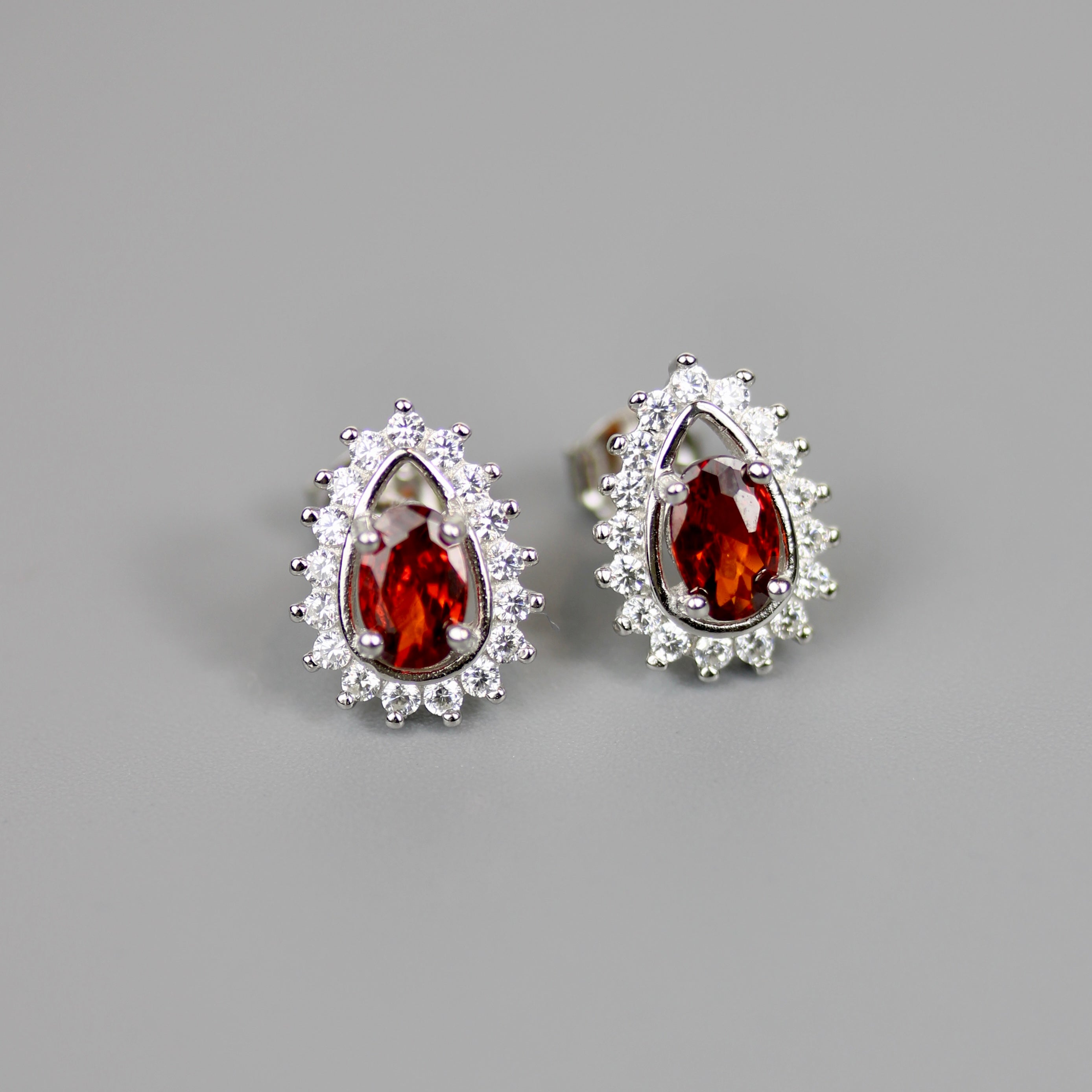 Silver 925 Rhodium Plated Red Teardrop Cluster CZ Stud Earrings