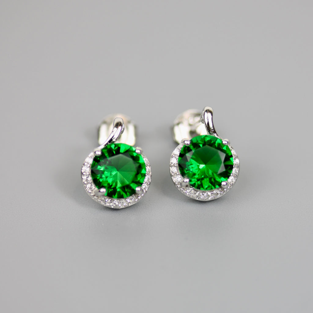 Rhodium Plated 925 Sterling Silver Green CZ Earrings