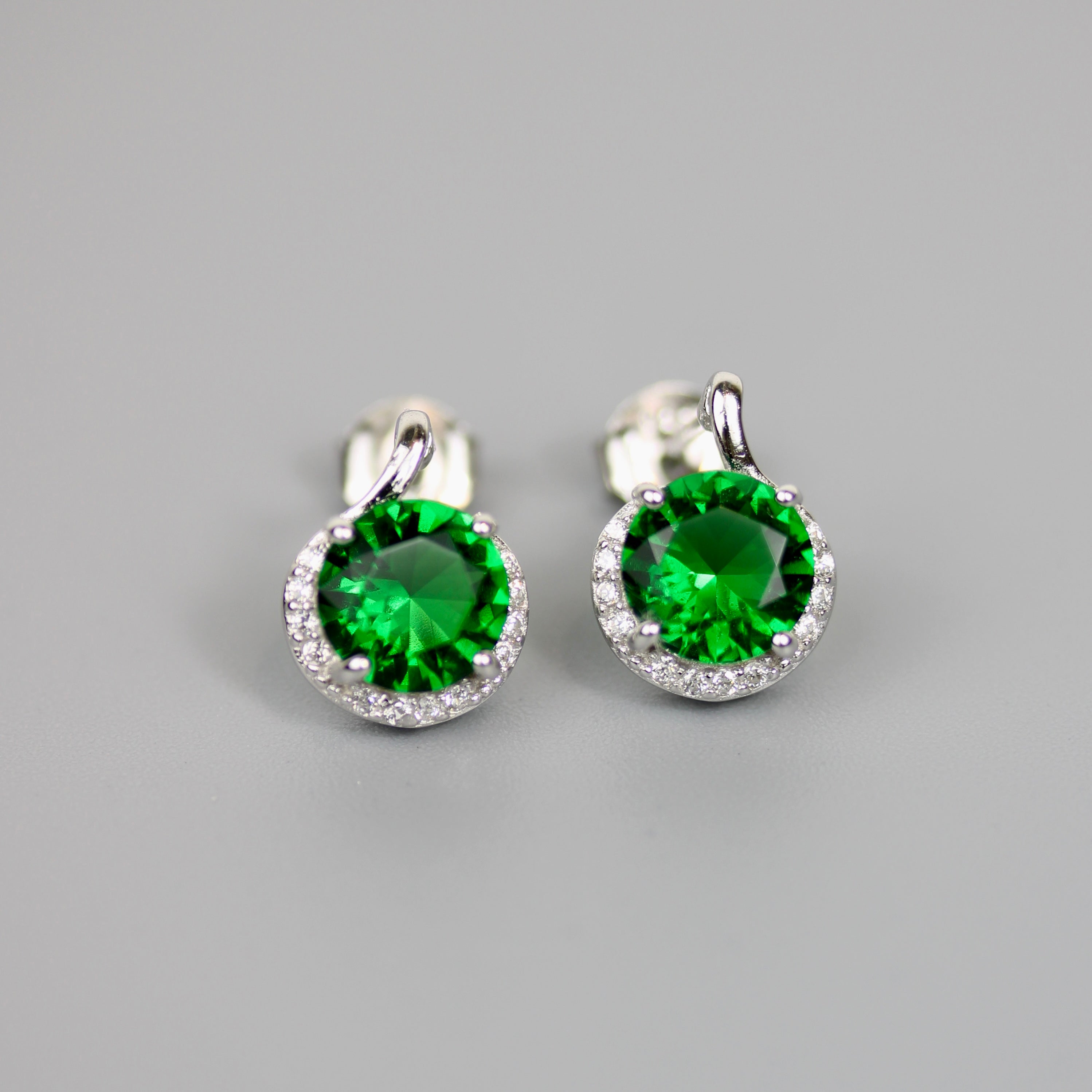 Rhodium Plated 925 Sterling Silver Green CZ Earrings