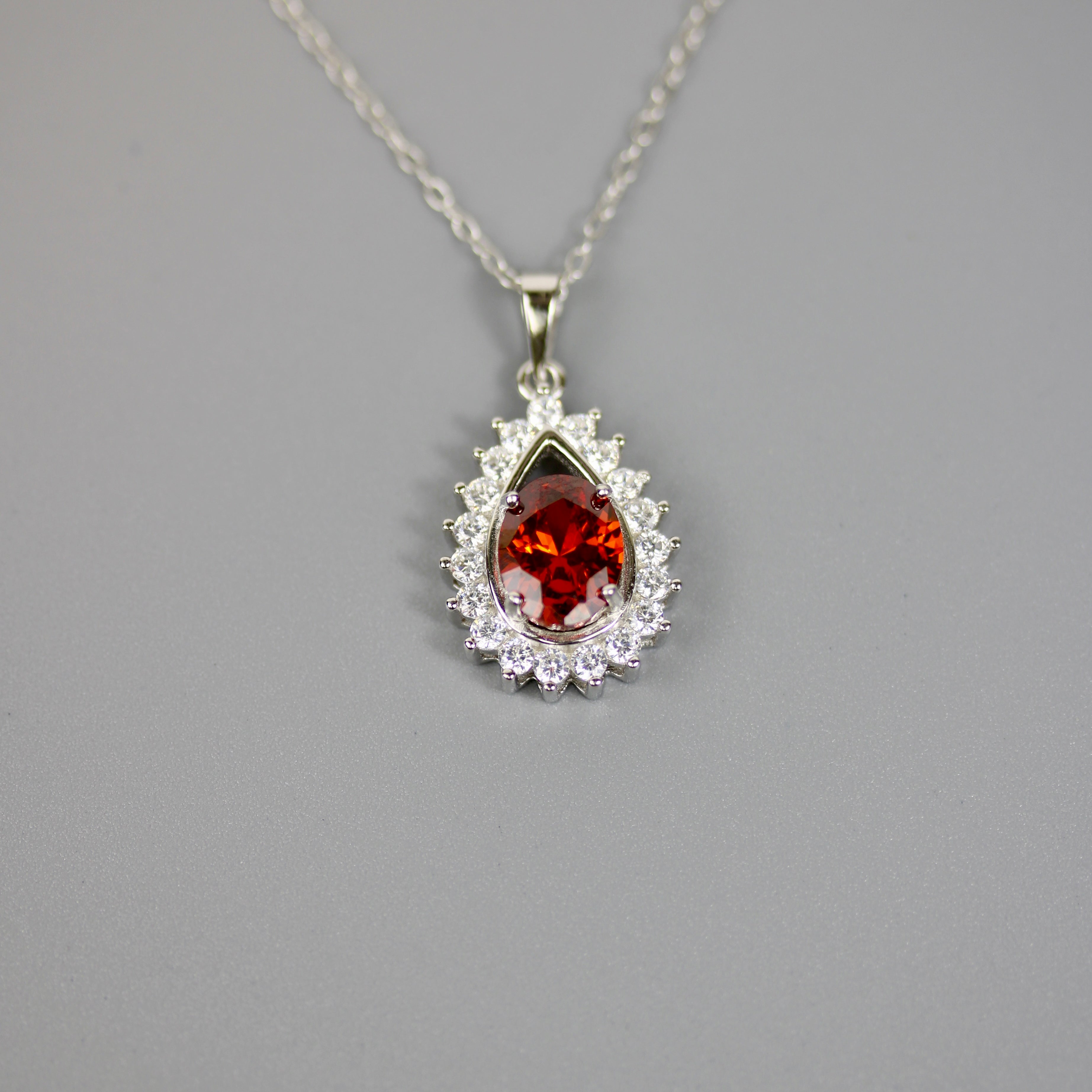 Silver 925 Rhodium Plated Red Teardrop Cluster CZ Stud Necklace