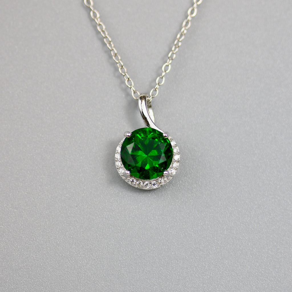 Rhodium Plated 925 Sterling Silver Green CZ Necklace