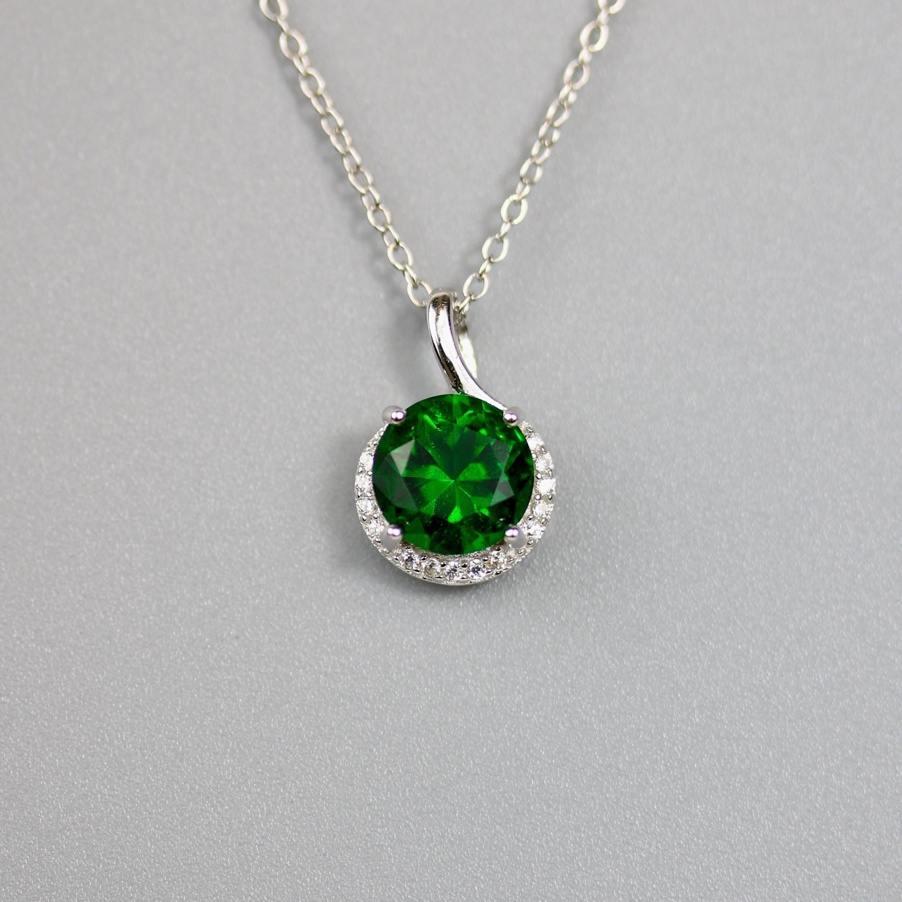 Rhodium Plated 925 Sterling Silver Green CZ Necklace