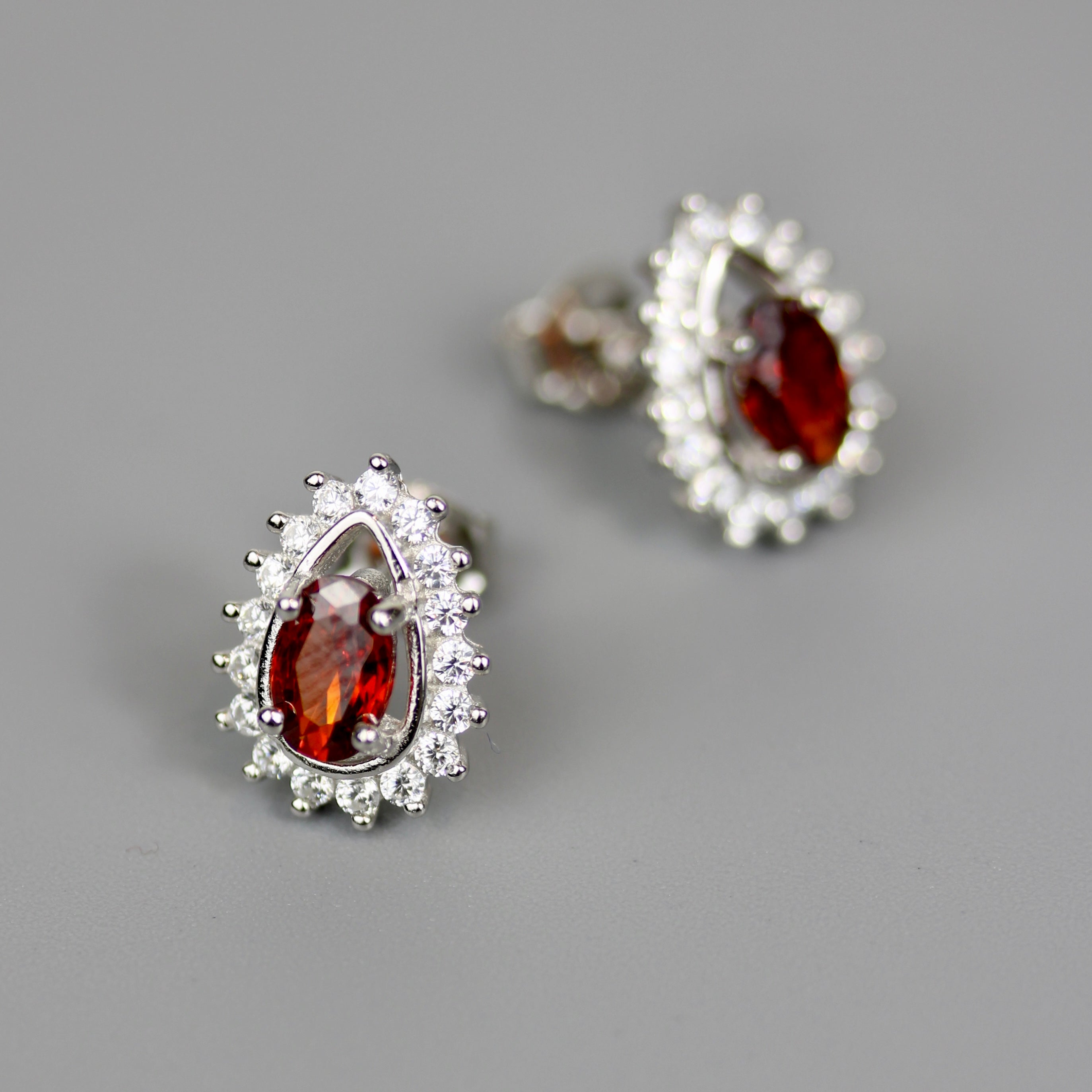 Silver 925 Rhodium Plated Red Teardrop Cluster CZ Stud Earrings