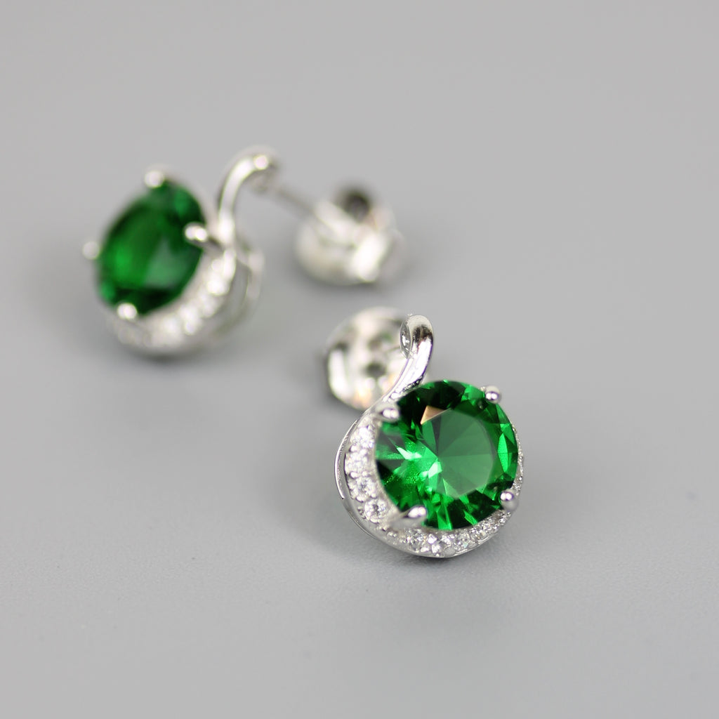 Rhodium Plated 925 Sterling Silver Green CZ Earrings