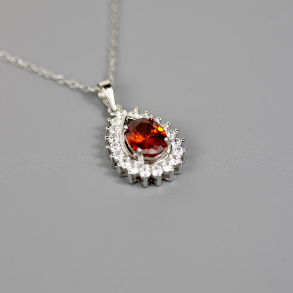 Silver 925 Rhodium Plated Red Teardrop Cluster CZ Stud Necklace