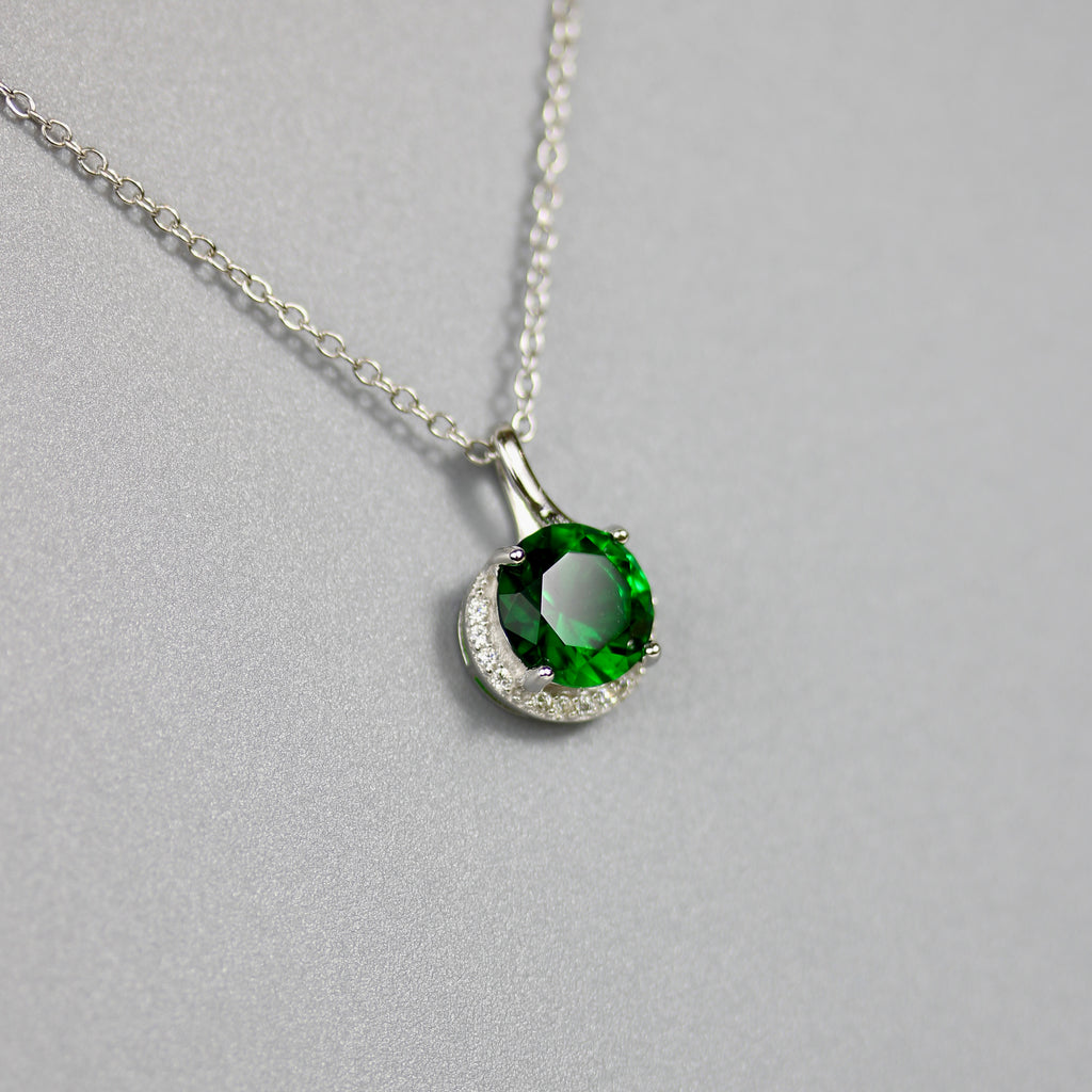 Rhodium Plated 925 Sterling Silver Green CZ Necklace