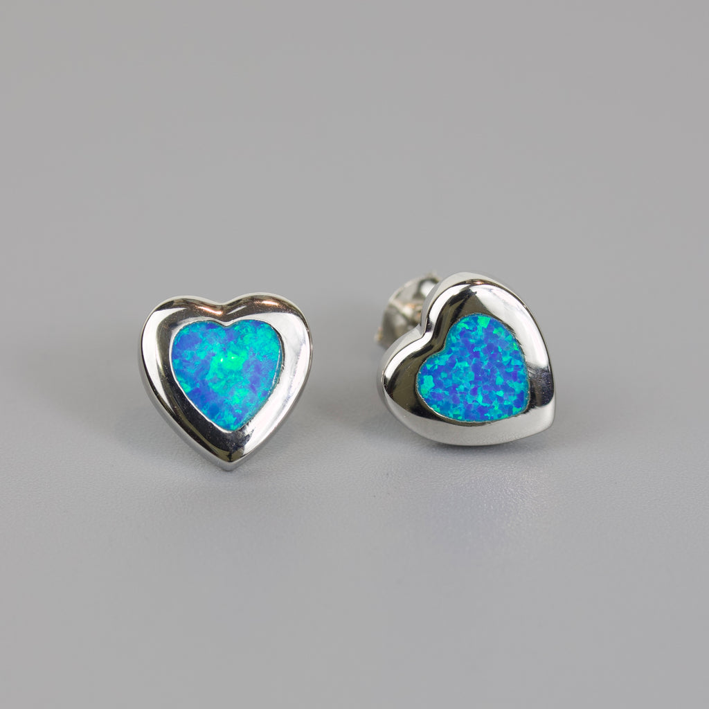 Silver 925 Rhodium Plated Heart Earrings with Blue Synthetic Opal