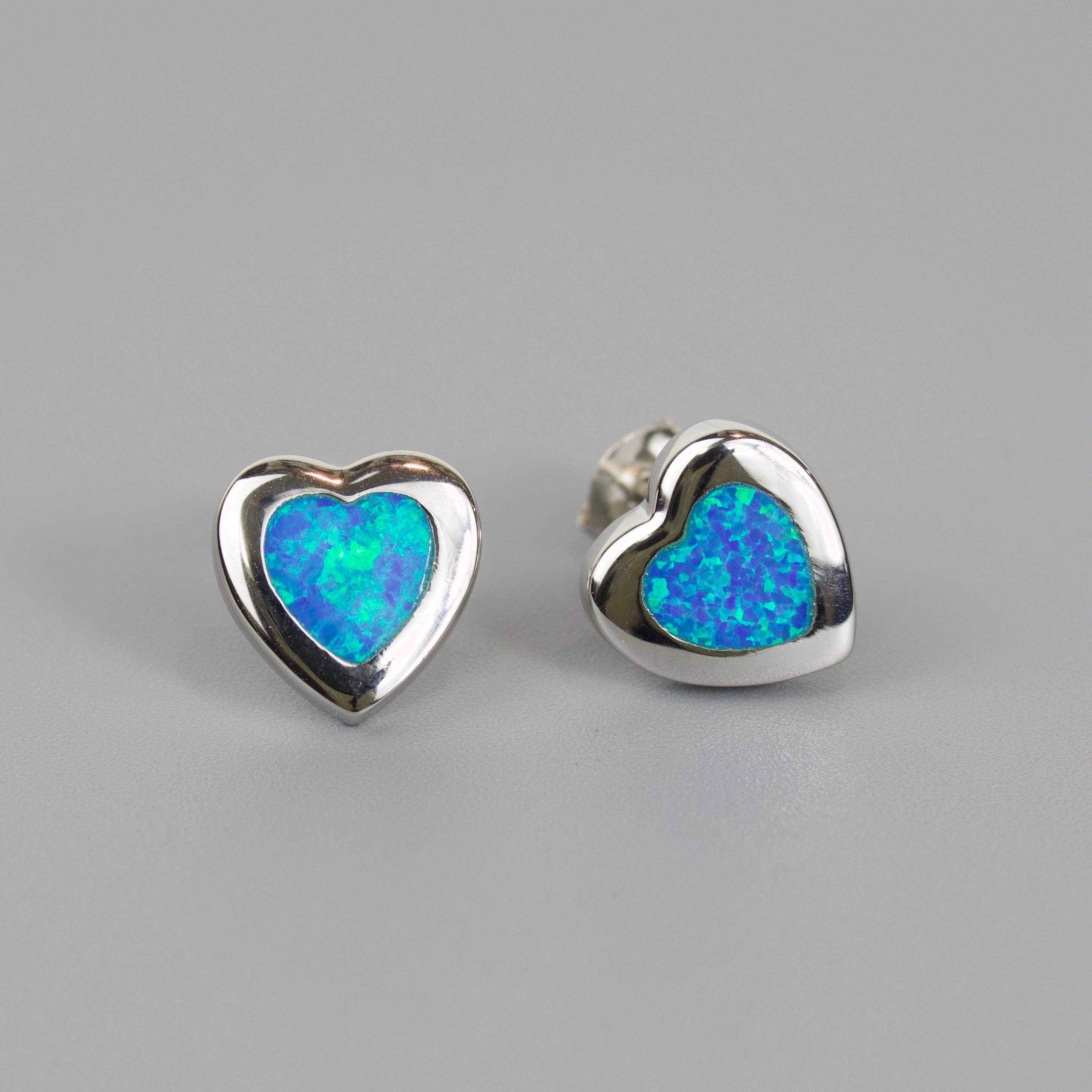 Silver 925 Rhodium Plated Heart Earrings with Blue Synthetic Opal