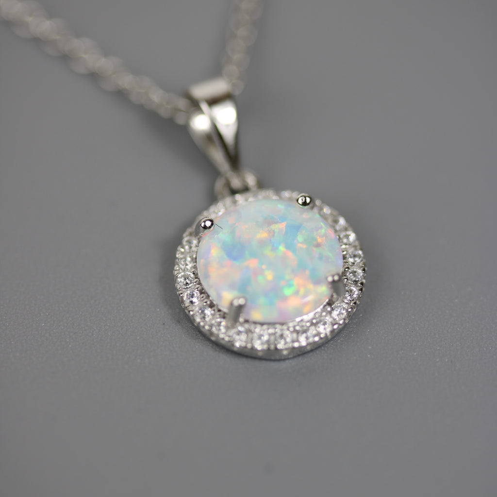Silver 925 Rhodium Plated Halo Necklace with Synthetic Opal and CZ