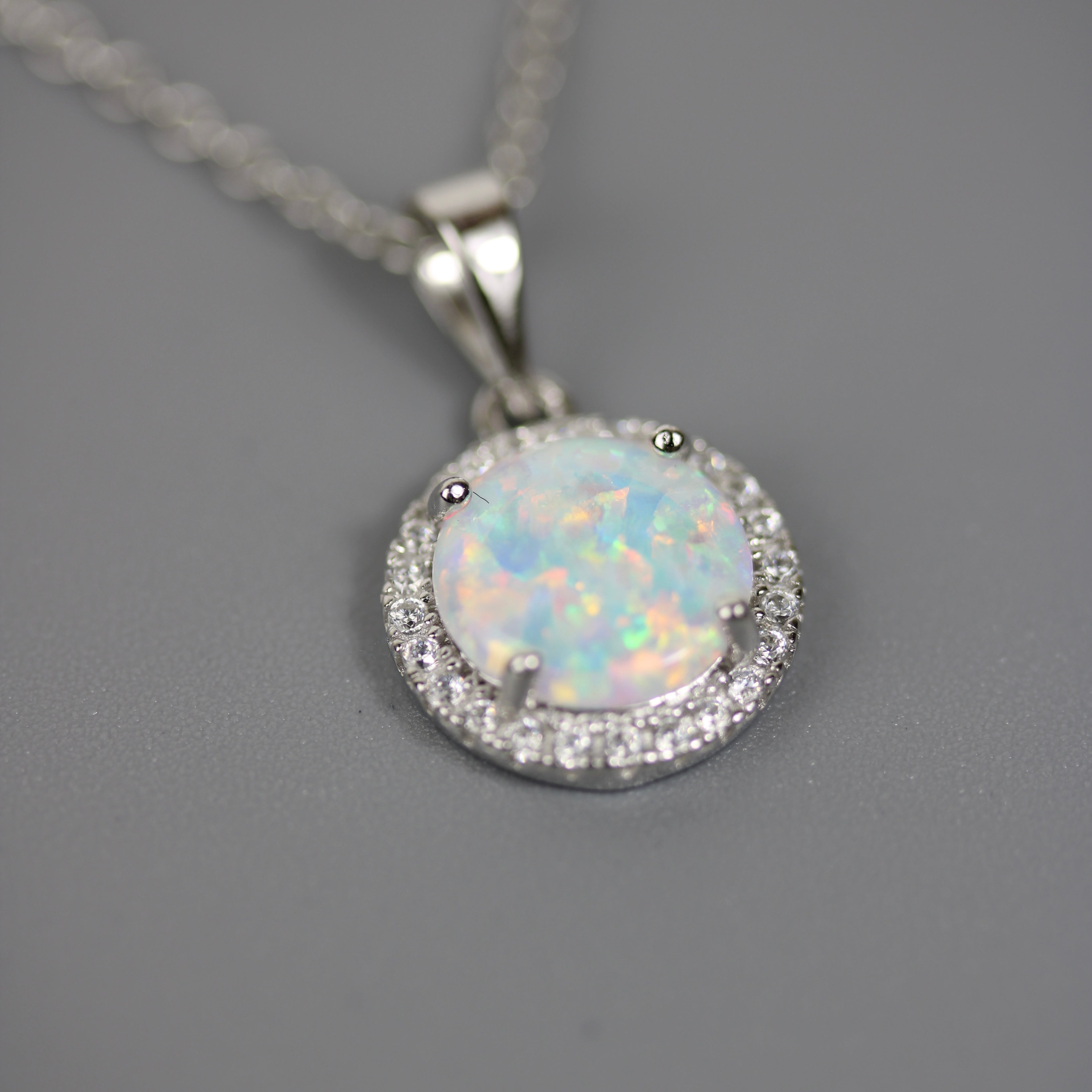 Silver 925 Rhodium Plated Halo Necklace with Synthetic Opal and CZ