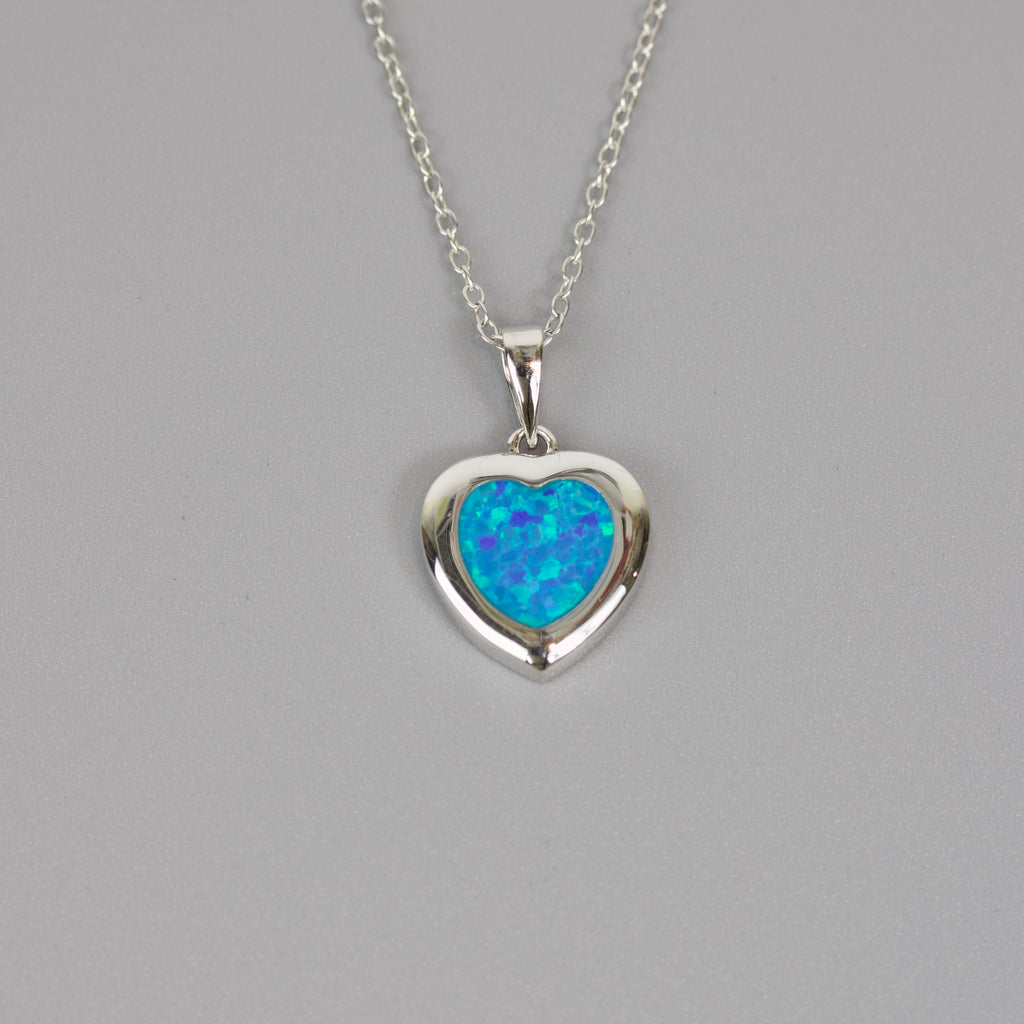 Silver 925 Rhodium Plated Heart Necklace with Blue Synthetic Opal