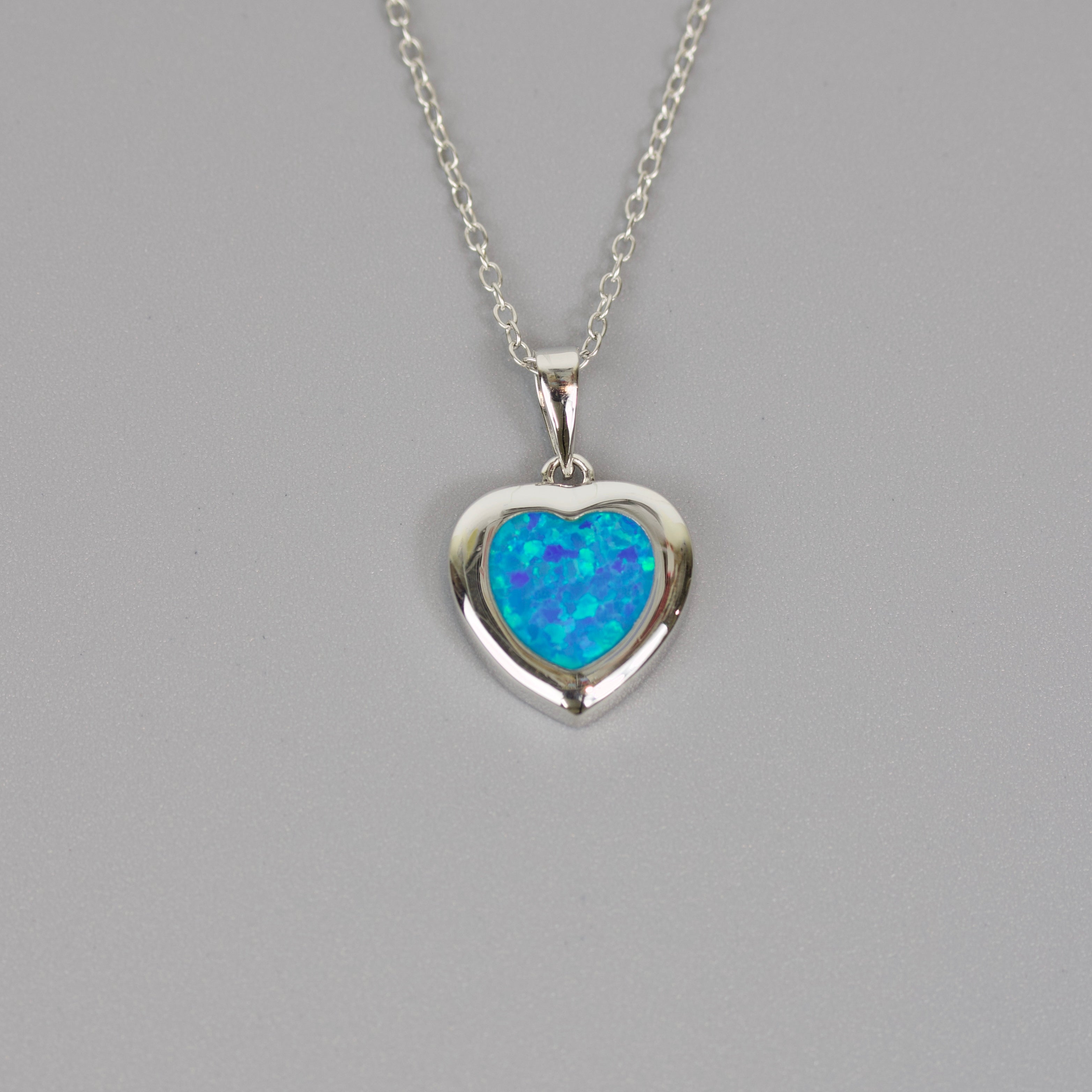 Silver 925 Rhodium Plated Heart Necklace with Blue Synthetic Opal
