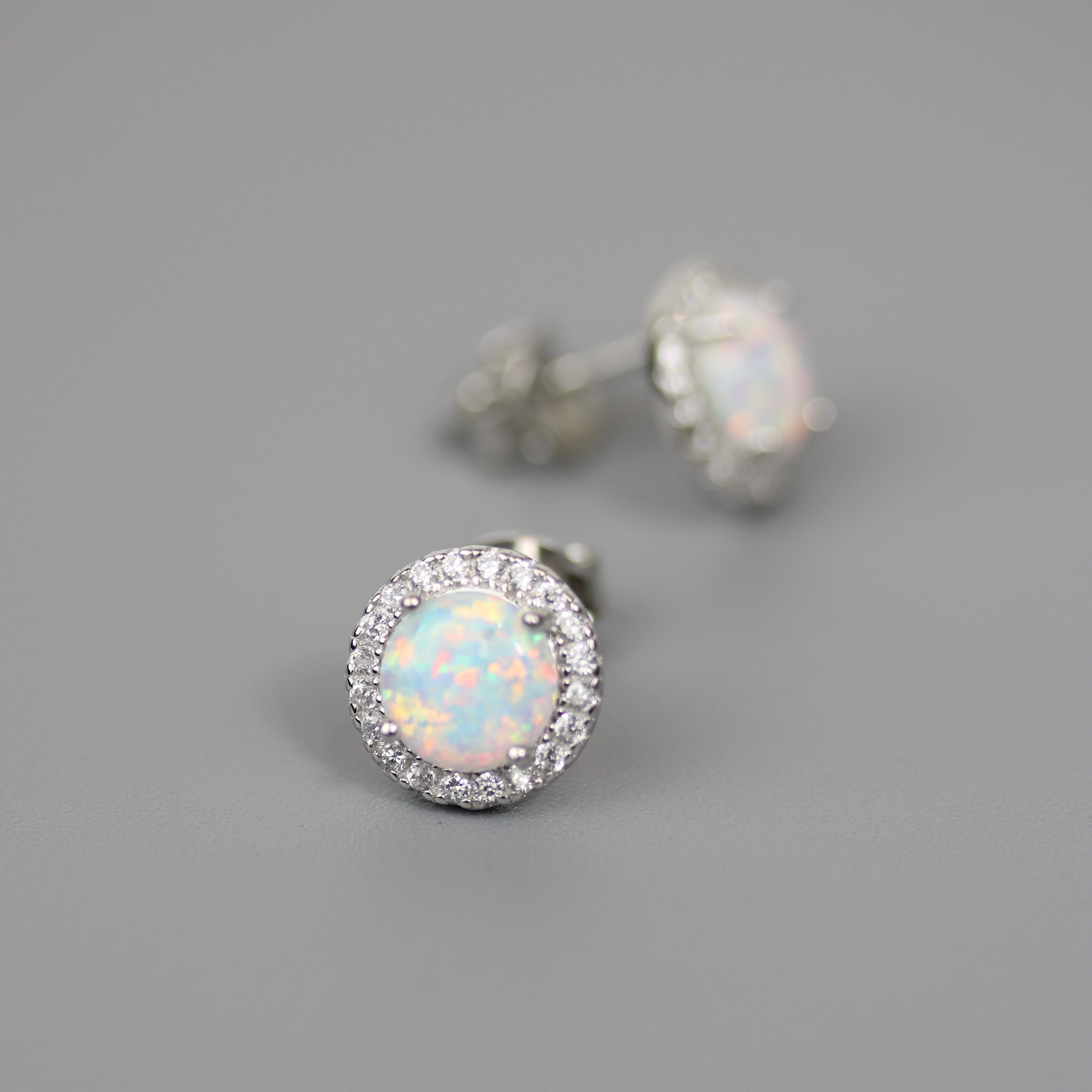 Silver 925 Rhodium Plated Halo Earrings with Synthetic Opal and CZ