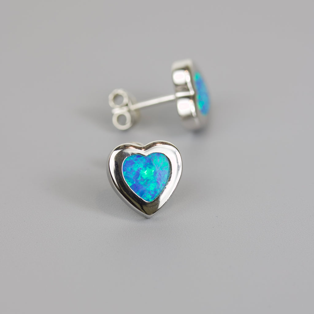 Silver 925 Rhodium Plated Heart Earrings with Blue Synthetic Opal
