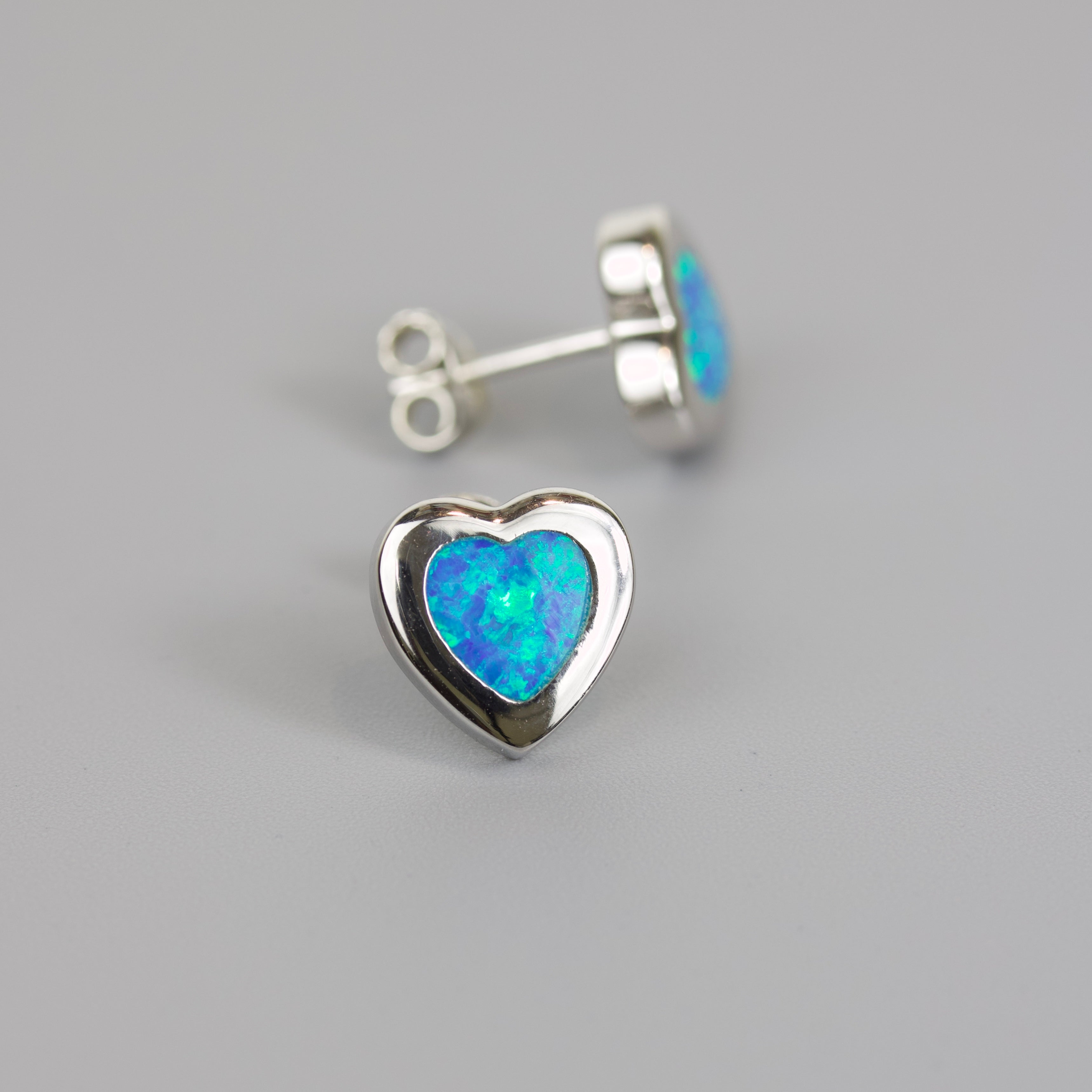 Silver 925 Rhodium Plated Heart Earrings with Blue Synthetic Opal