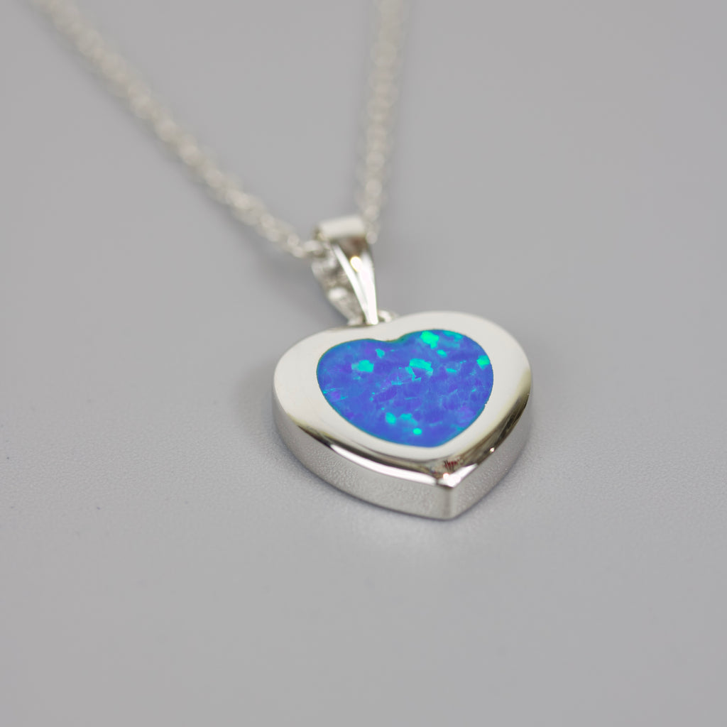 Silver 925 Rhodium Plated Heart Necklace with Blue Synthetic Opal