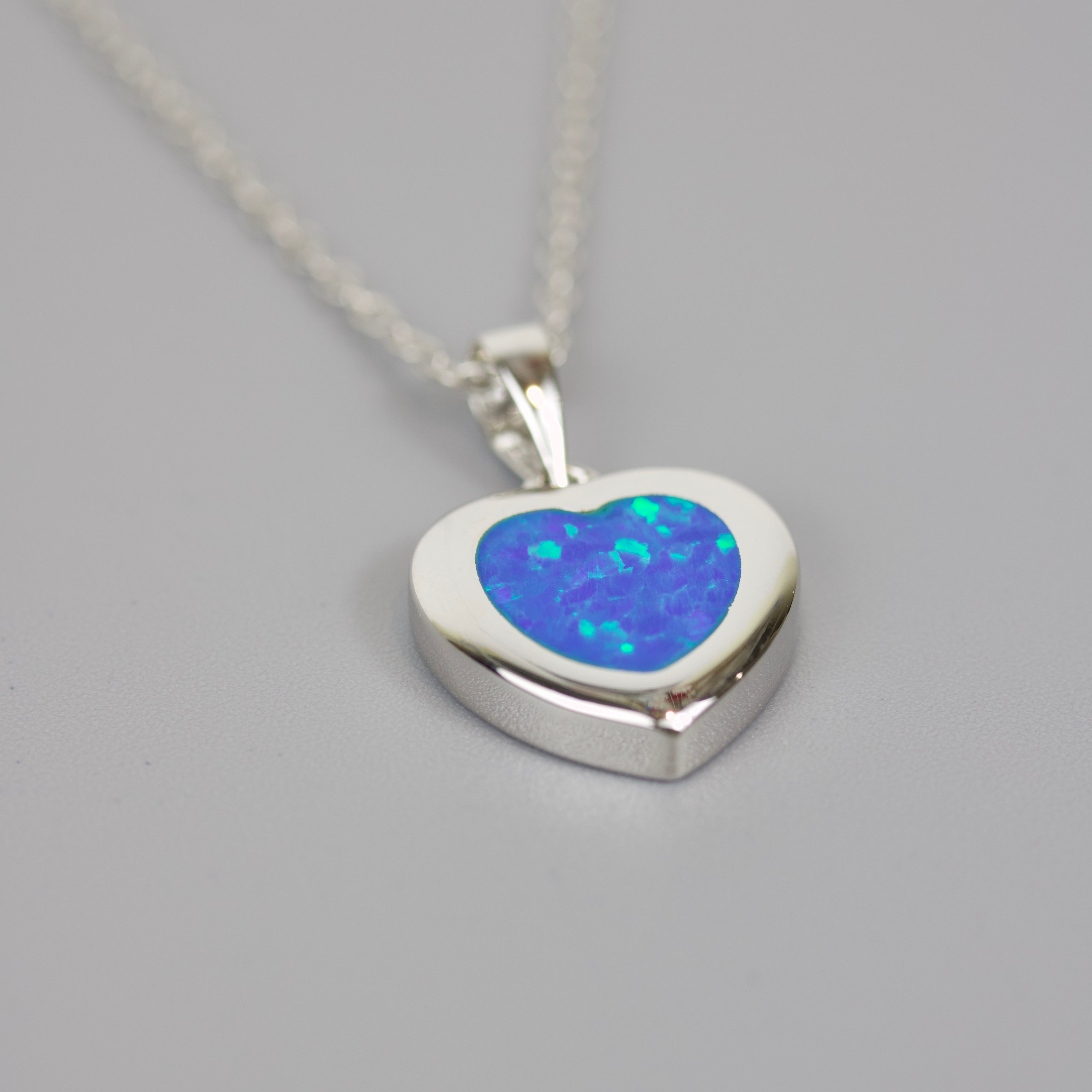 Silver 925 Rhodium Plated Heart Necklace with Blue Synthetic Opal