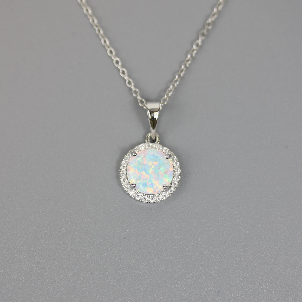 Silver 925 Rhodium Plated Halo Necklace with Synthetic Opal and CZ