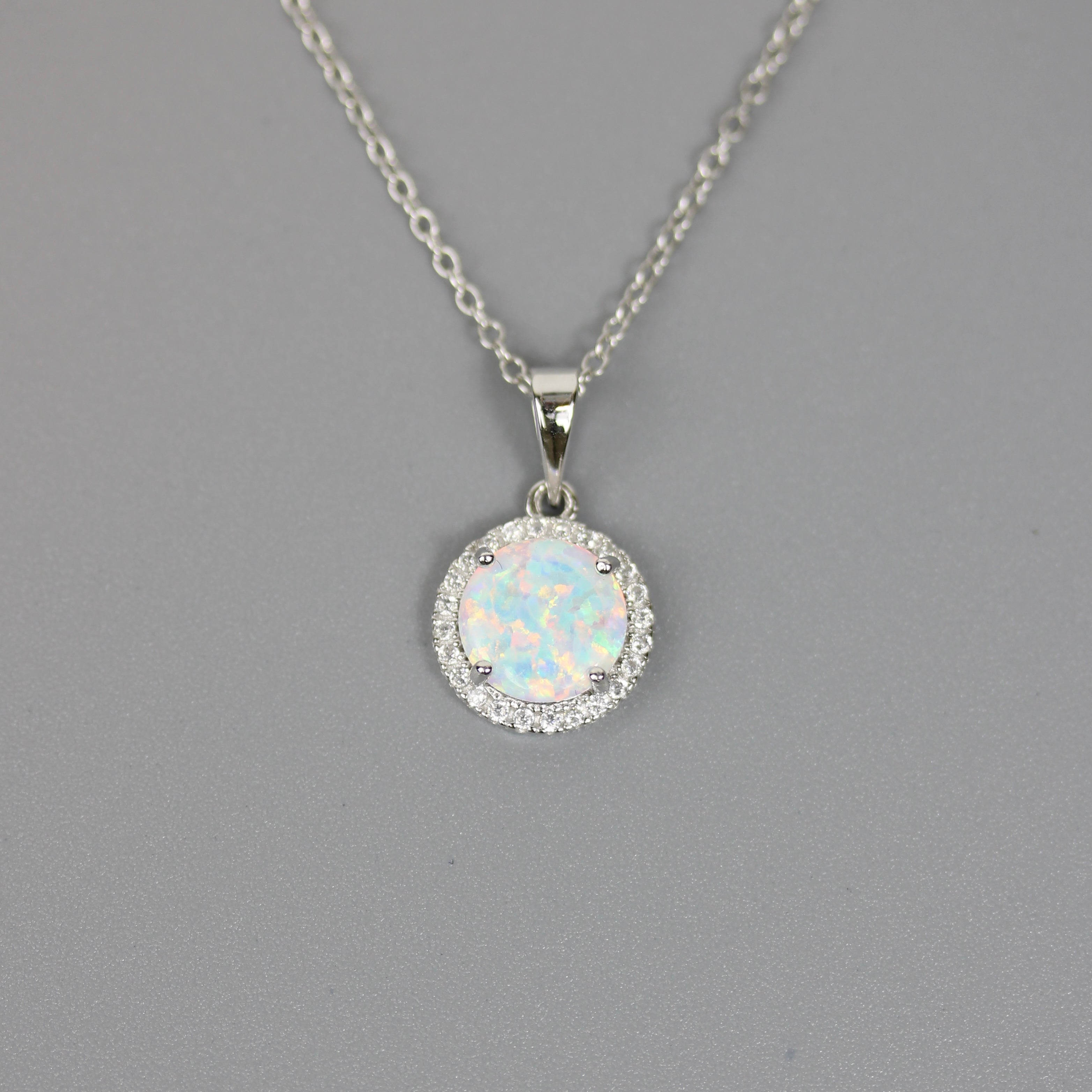 Silver 925 Rhodium Plated Halo Necklace with Synthetic Opal and CZ