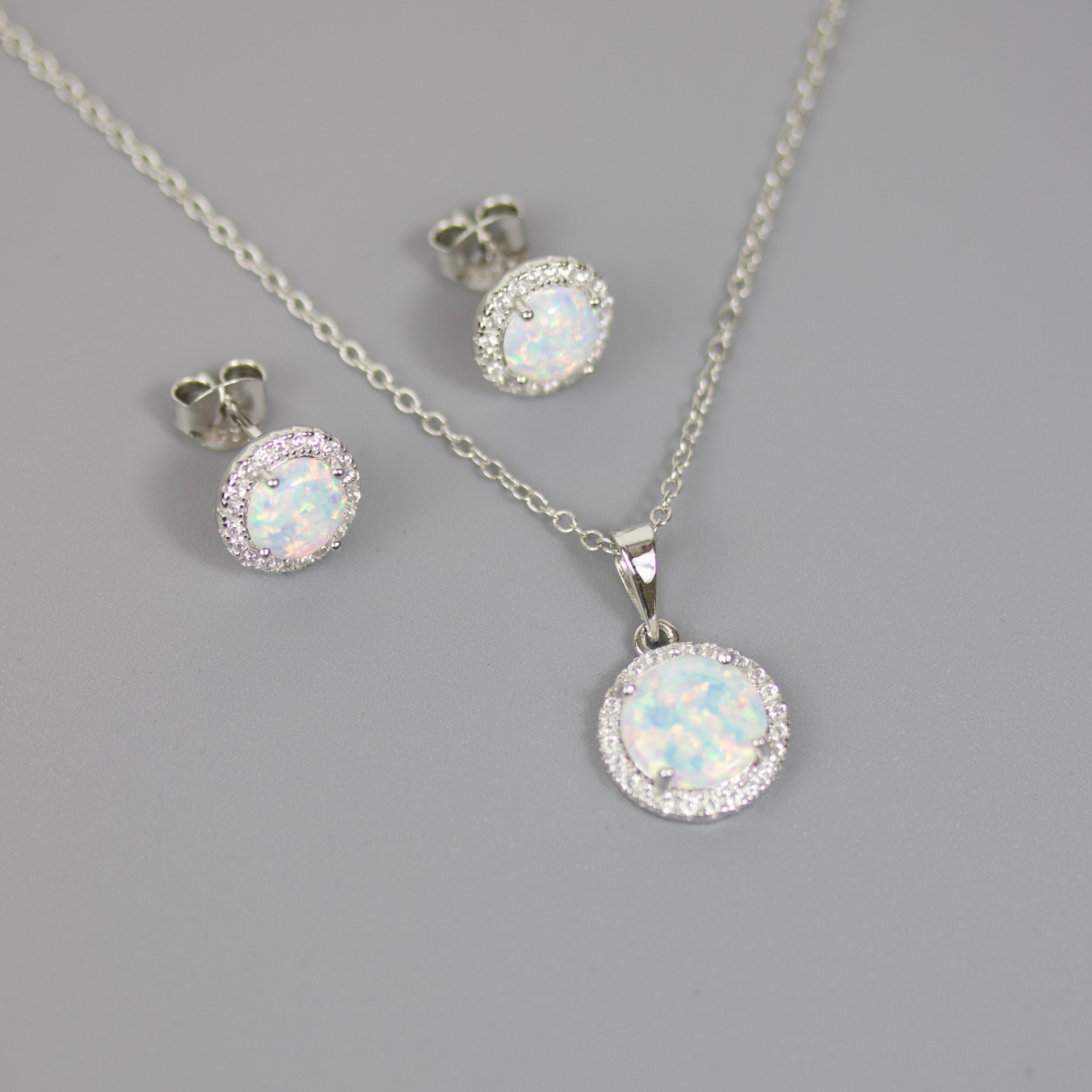 Silver 925 Rhodium Plated Halo Necklace with Synthetic Opal and CZ