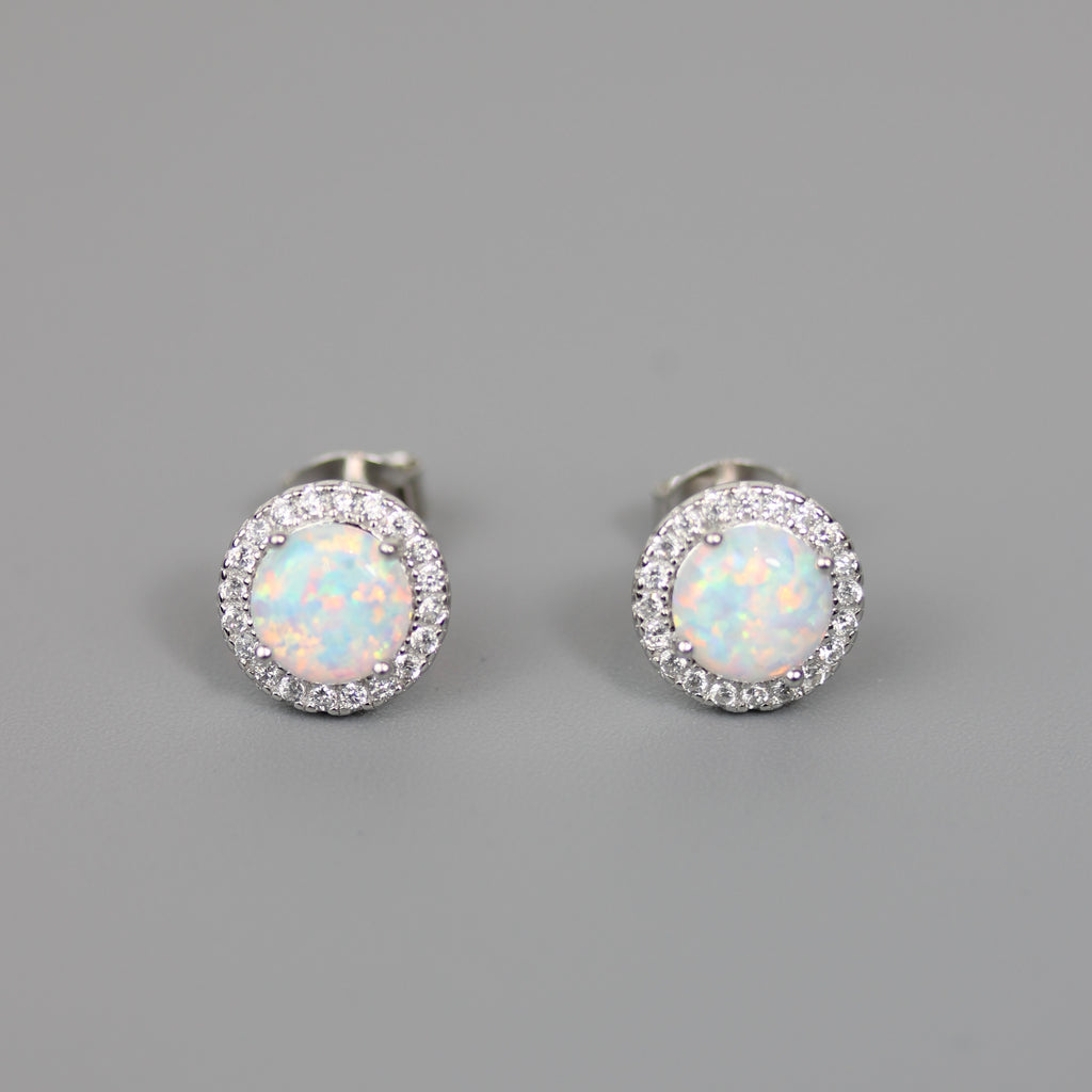 Silver 925 Rhodium Plated Halo Earrings with Synthetic Opal and CZ