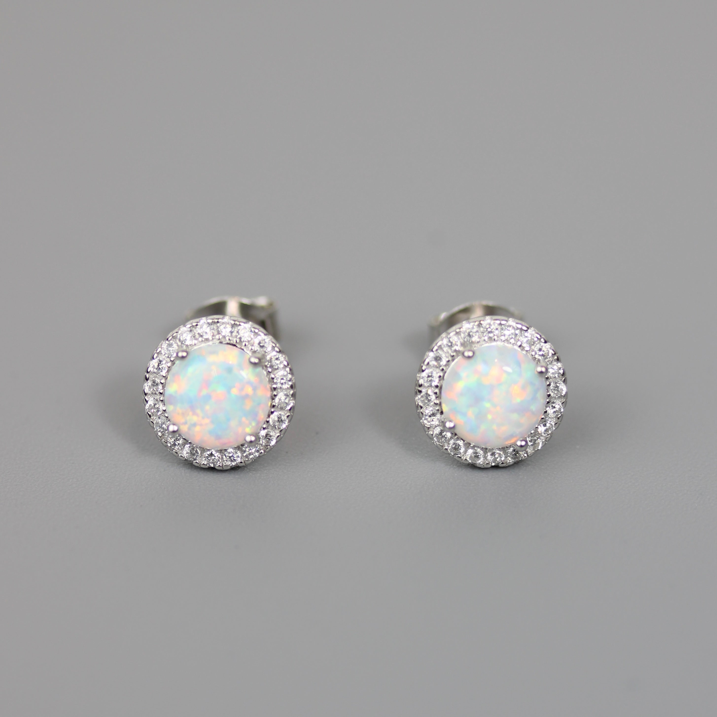 Silver 925 Rhodium Plated Halo Earrings with Synthetic Opal and CZ
