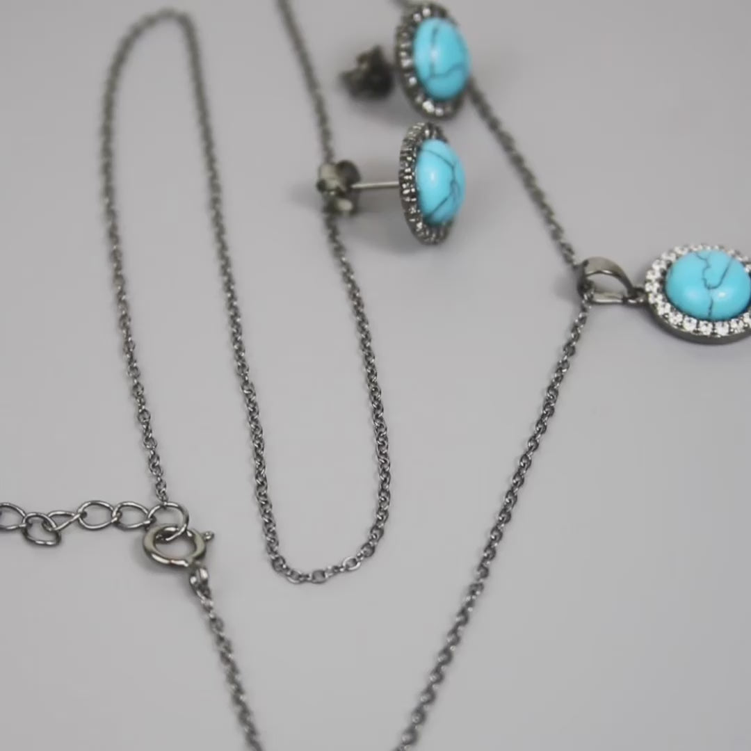 Silver Black Rhodium Turquoise Center Stone Necklace